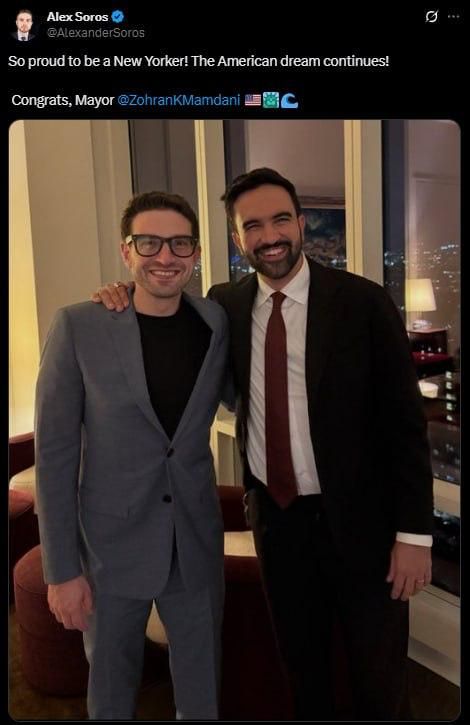 Сын Джорджа Сороса* поздравил избранного мэра Нью-Йорка Зохрана Мамдани и опубликовал с ним фото