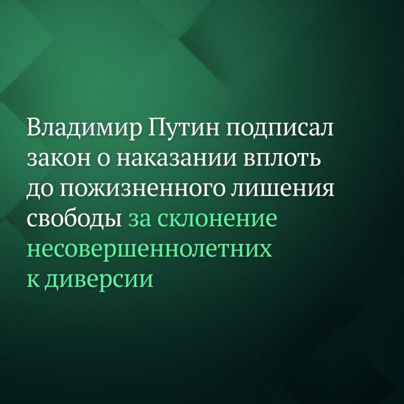 Президент России Владимир Путин подписал закон об ужесточении уголовного наказания вплоть до пожизненного лишения свободы за склонение несовершеннолетних к террористической или диверсионной деятельности