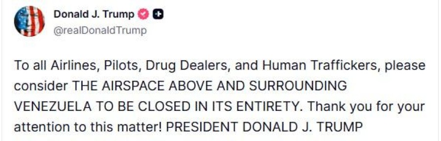 Небо над Венесуэлой и вокруг нее закрыто, заявил Дональд Трамп в своей соцсети Truth Social