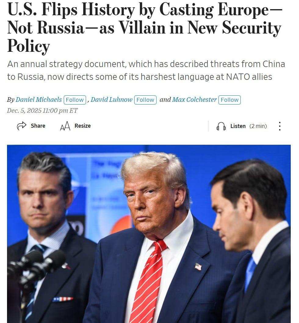 Новая стратегия нацбезопасности США стала настоящим ударом по ЕС, пишет The Wall Street Journal