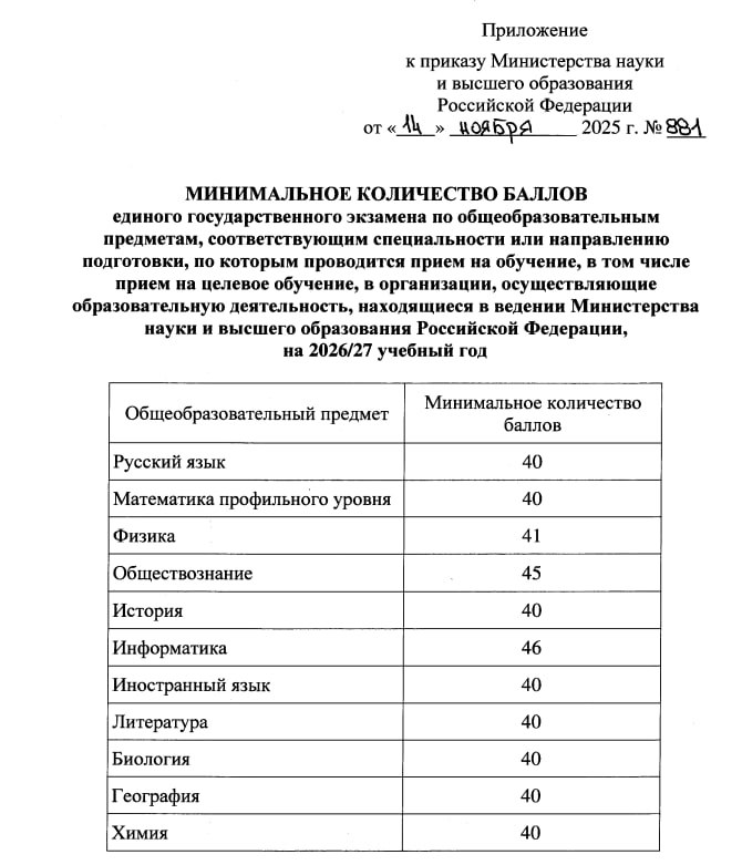 Утверждены минимальные баллы ЕГЭ для поступления в вузы в 2026 году