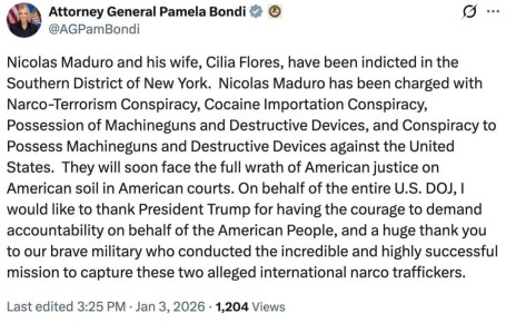 Мадуро и его жене предъявлены обвинения в Нью-Йорке, в скором времени они предстанут перед судом, заявила генпрокурор США