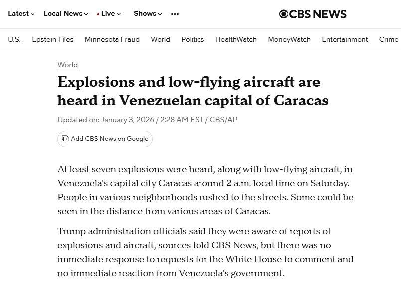 По данным источников CBS News, представители администрации Трампа заявили, что им известно о сообщениях о взрывах и самолетах в Каракасе