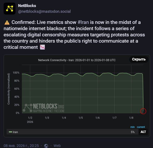 В Иране на фоне протестов отключён интернет — служба мониторинга NetBlocks