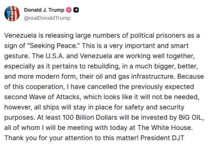 США не станут повторно проводить атаку на Венесуэлу, поскольку страны наладили сотрудничество в нефтегазовой отрасли — Трамп