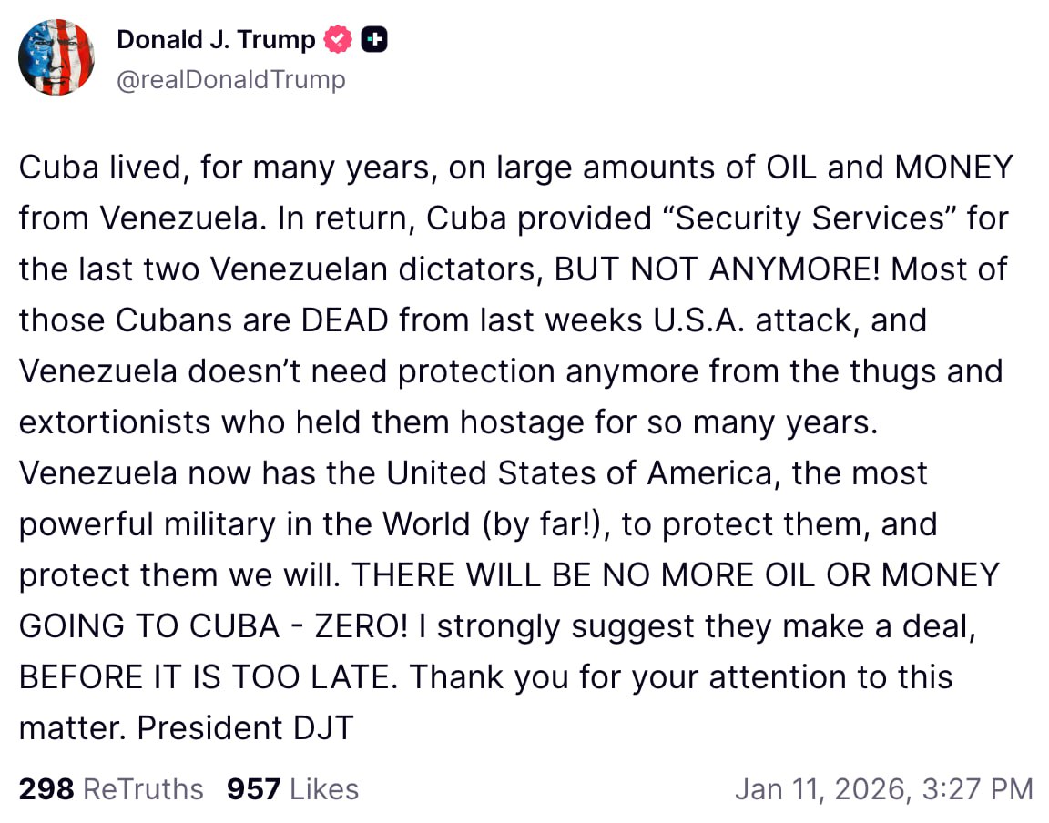 Куба долгие годы жила благодаря нефти и деньгам из Венесуэлы, взамен Куба поставляла услуги секретной службы для двух диктаторов — Трамп