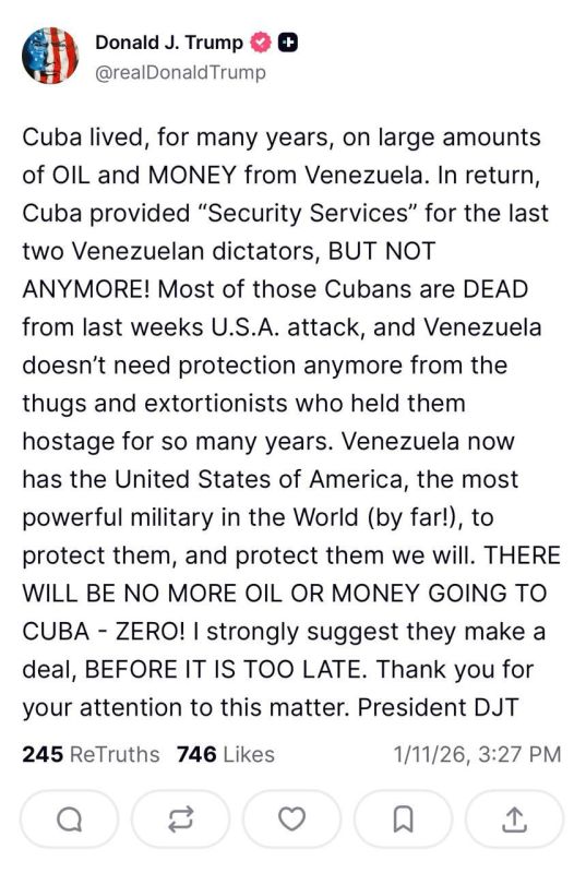 Андрей Клинцевич: Трамп еще не прожевал Венесуэлу (только укусил фактически), а уже угрожает руководству Кубы