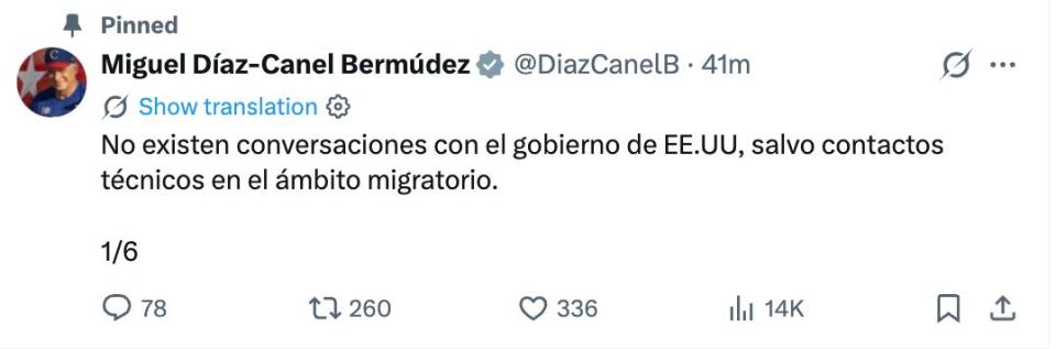 Нет никаких переговоров с правительством США, за исключением технических контактов в области миграции — президент Кубы Мигель Диас-Канель