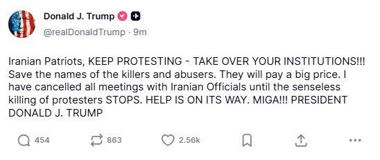 ‘Помощь уже в пути’ – Трамп призвал иранцев продолжать протесты против официальных властей