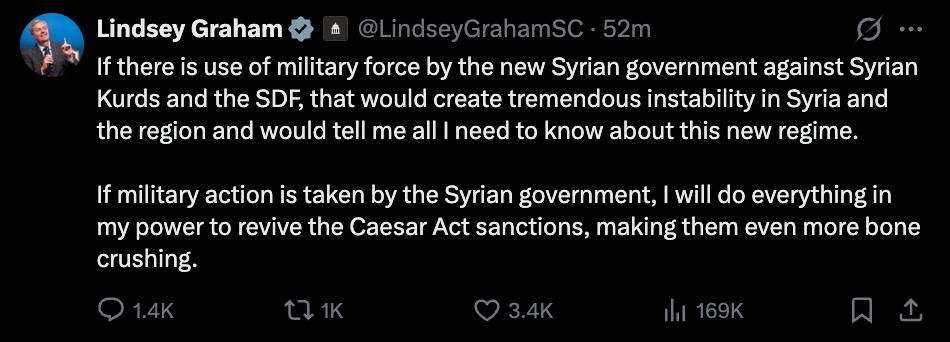 Если новое сирийское правительство применит военную силу против сирийских курдов и СДС, это создаст огромную нестабильность в Сирии и регионе, и расскажет мне все, что нужно знать об этом новом режиме — сенатор Линдси Грэм