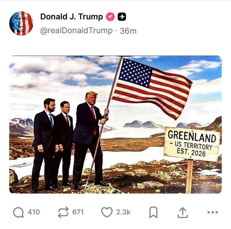 Трамп опубликовал сгенерированное изображение, где он устанавливает флаг США в Гренландии