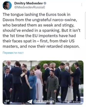 Дмитрий Медведев:. «Выговор неблагодарной наркосвиньи в Давосе, назвавшей европейцев слабыми и скупыми, должен был закончиться поркой. Но нет, европейским импотентам не впервой получать плевки прямо в лицо. Раньше от...