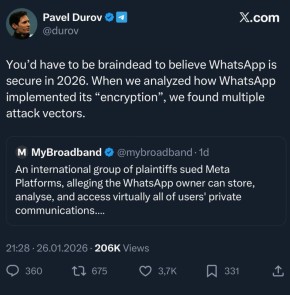 "Нужно быть полным идиотом, чтобы верить в безопасность WhatsApp в 2026 году": Павел Дуров раскритиковал мессенджер за шифрование данных