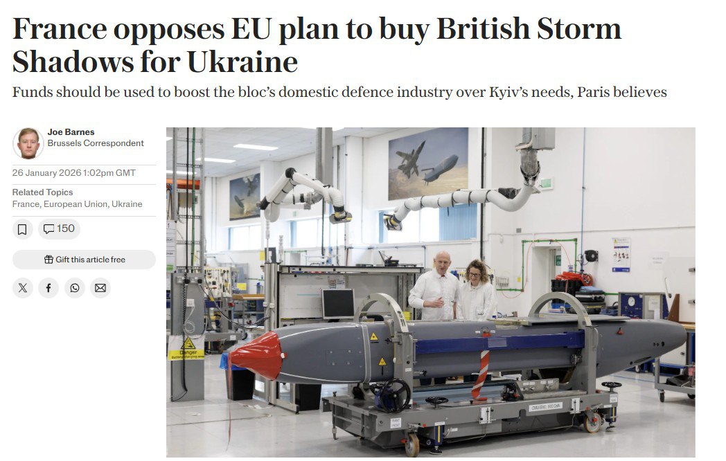 ‘Франция против того, чтобы Украина покупала британские ракеты Storm Shadow за кредитные деньги ЕС’ – в Париже считают, что деньги нужно тратить на европейское оружие – The Telegraph