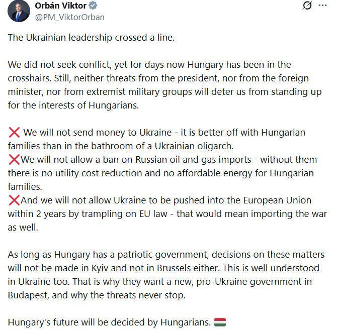 Орбан заявил, что угрозы со стороны Украины не прекращаются, поскольку Киев хочет видеть в Венгрии проукраинское правительство