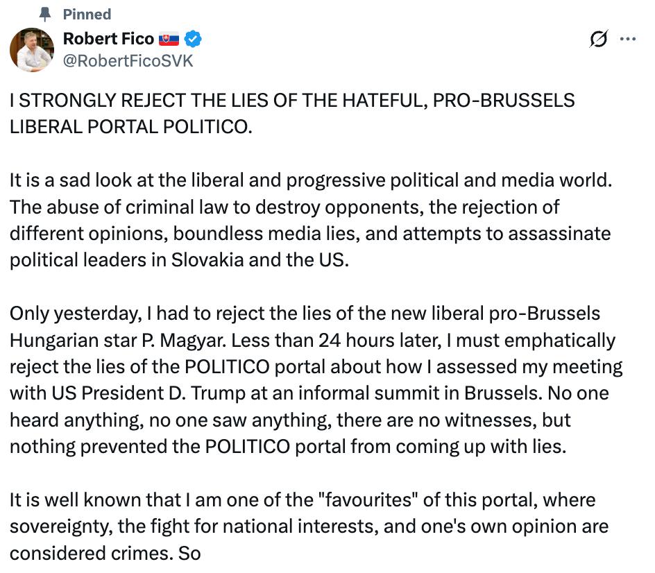 Я должен решительно отвергнуть ложь портала POLITICO — Роберт Фицо