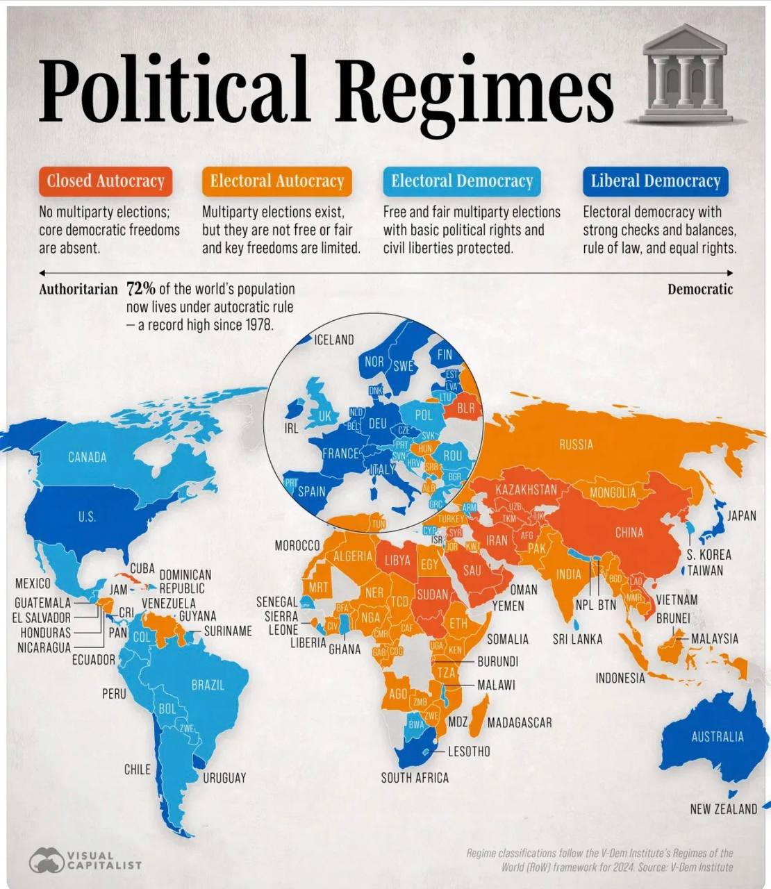 Евгений Попов: По версии Visual Capitalist, в настоящее время 72% населения мира живет под авторитарным правлением — это самый высокий показатель с 1978 года
