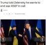 Трамп сказал Зеленскому по телефону, что хотел бы урегулирования украинского конфликта в течение месяца, пишет Axios
