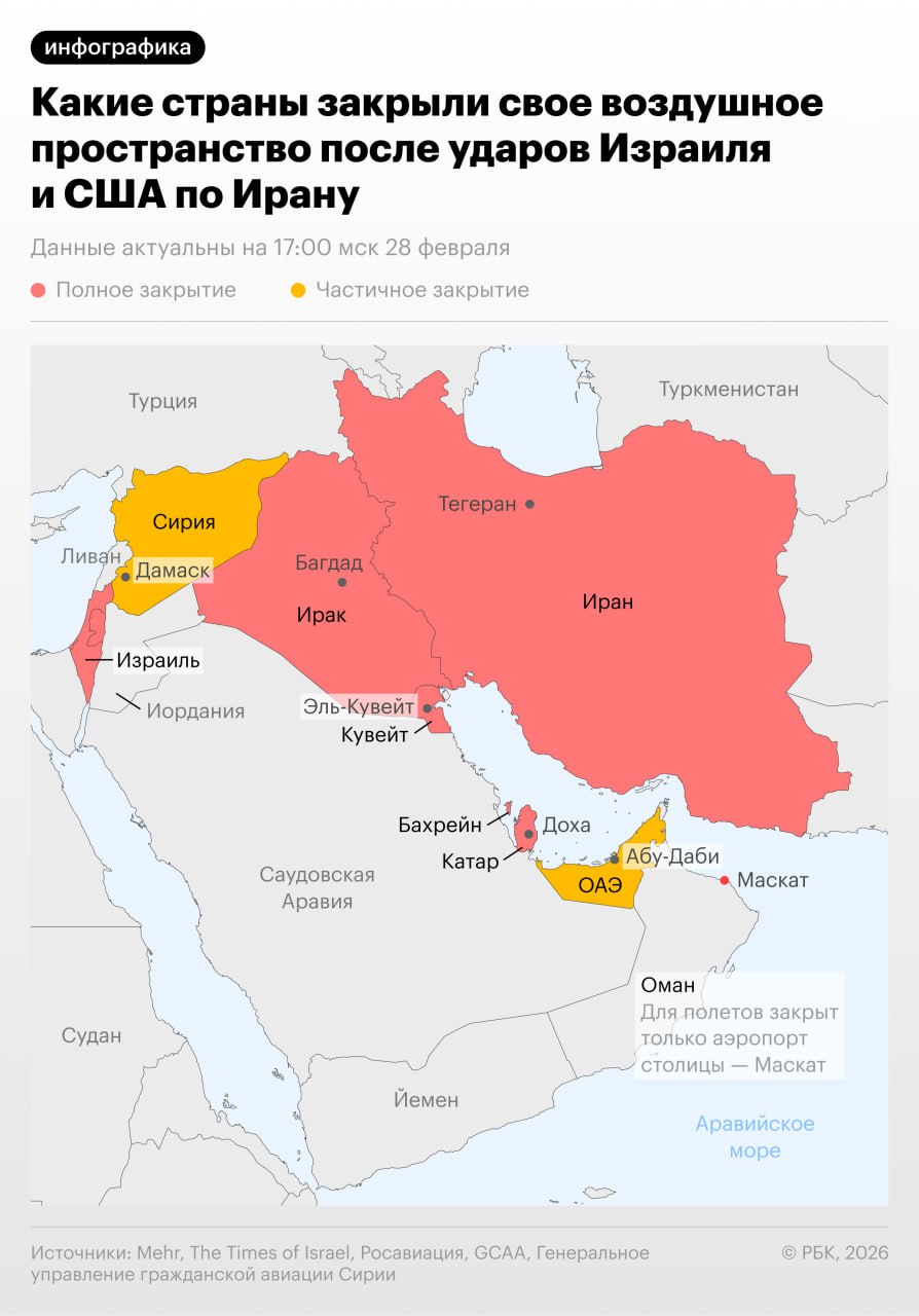 На фоне ударов Израиля и США по Ирану воздушное пространство закрыли шесть стран