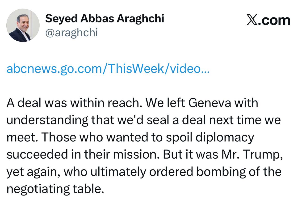 Аббас Джума: Глава МИД Ирана: «Сделка была близка к завершению. Мы покинули Женеву с пониманием того, что заключим сделку при следующей встрече. Те, кто хотел сорвать дипломатию, добились своего. Но именно г-н Трамп, в...