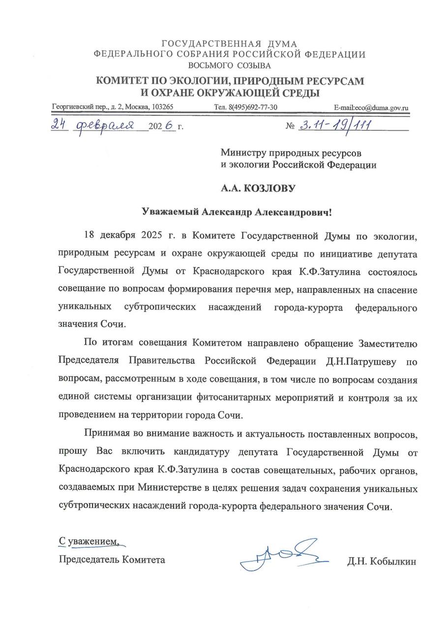 В соответствии с прежде заявленным, депутат Государственной Думы от Сочинского округа Константин Затулин продолжает добиваться принятия срочных мер для спасения субтропической флоры в Сочи