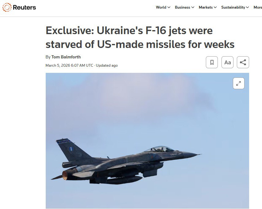 ‘У украинских F-16 закончились американские ракеты для отражения российских атак’ – Reuters