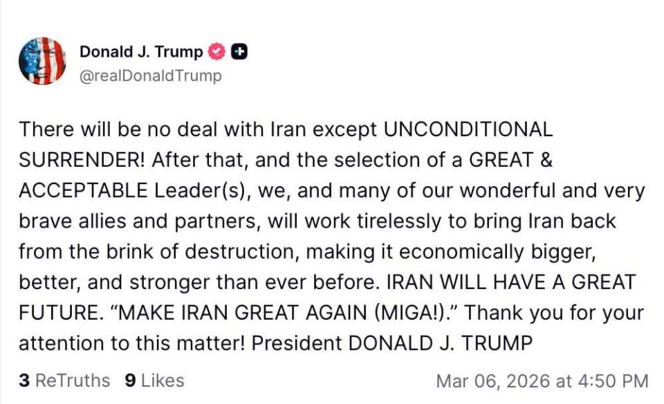 Трамп потребовал от Ирана безоговорочной капитуляции